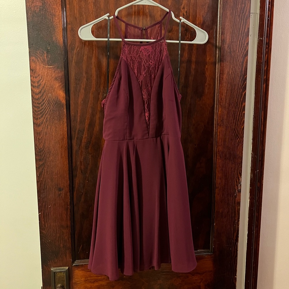 Lulus dress, maroon, size L- skater skirt high neck with lace